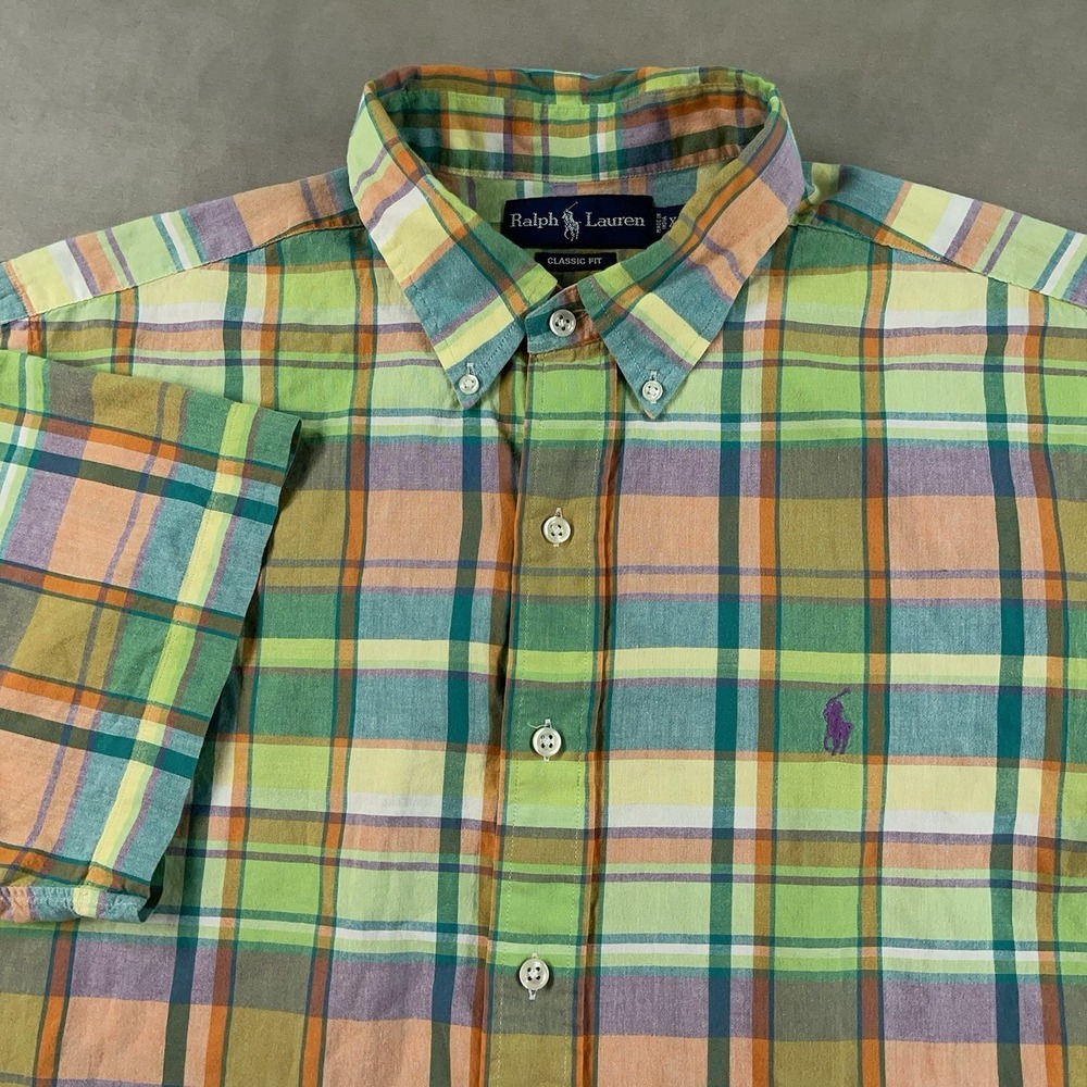 Vintage Ralph Lauren Classic Fit Pastels Plaid Short Sleeve Lightweight Shirt XL